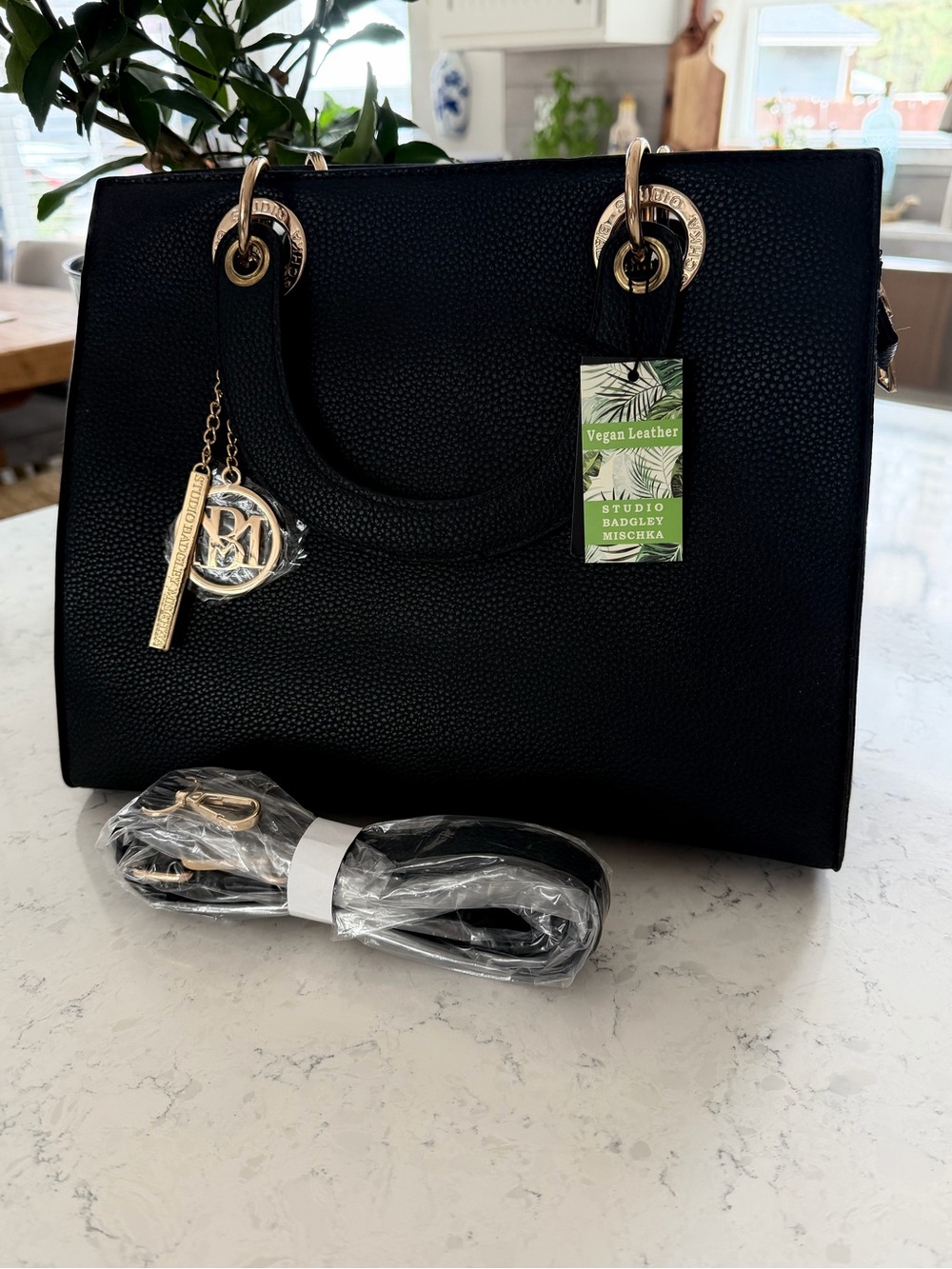 Badgley Mischka Black Vegan Leather Tote with Gold Accents